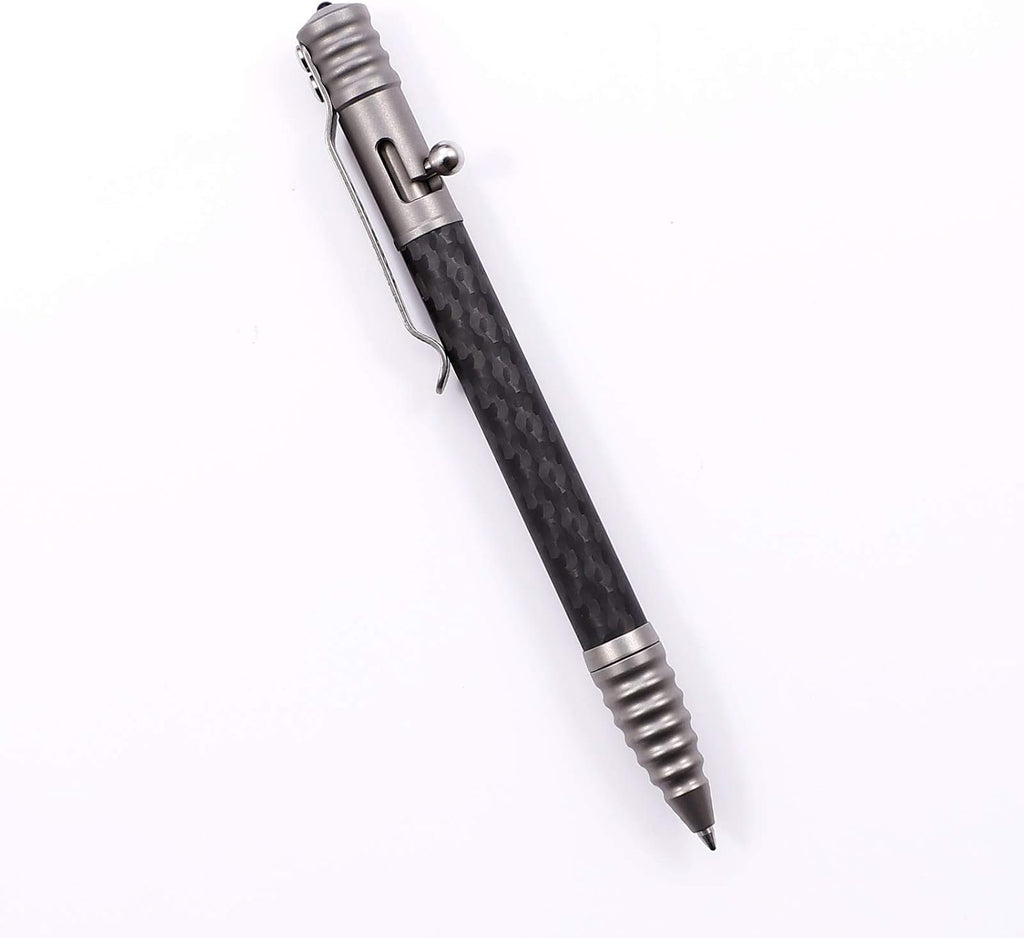 Titanium Tactical Pen with Glass Breaker Tool, Bolt Action Pen in Carbon Fiber barrel V270