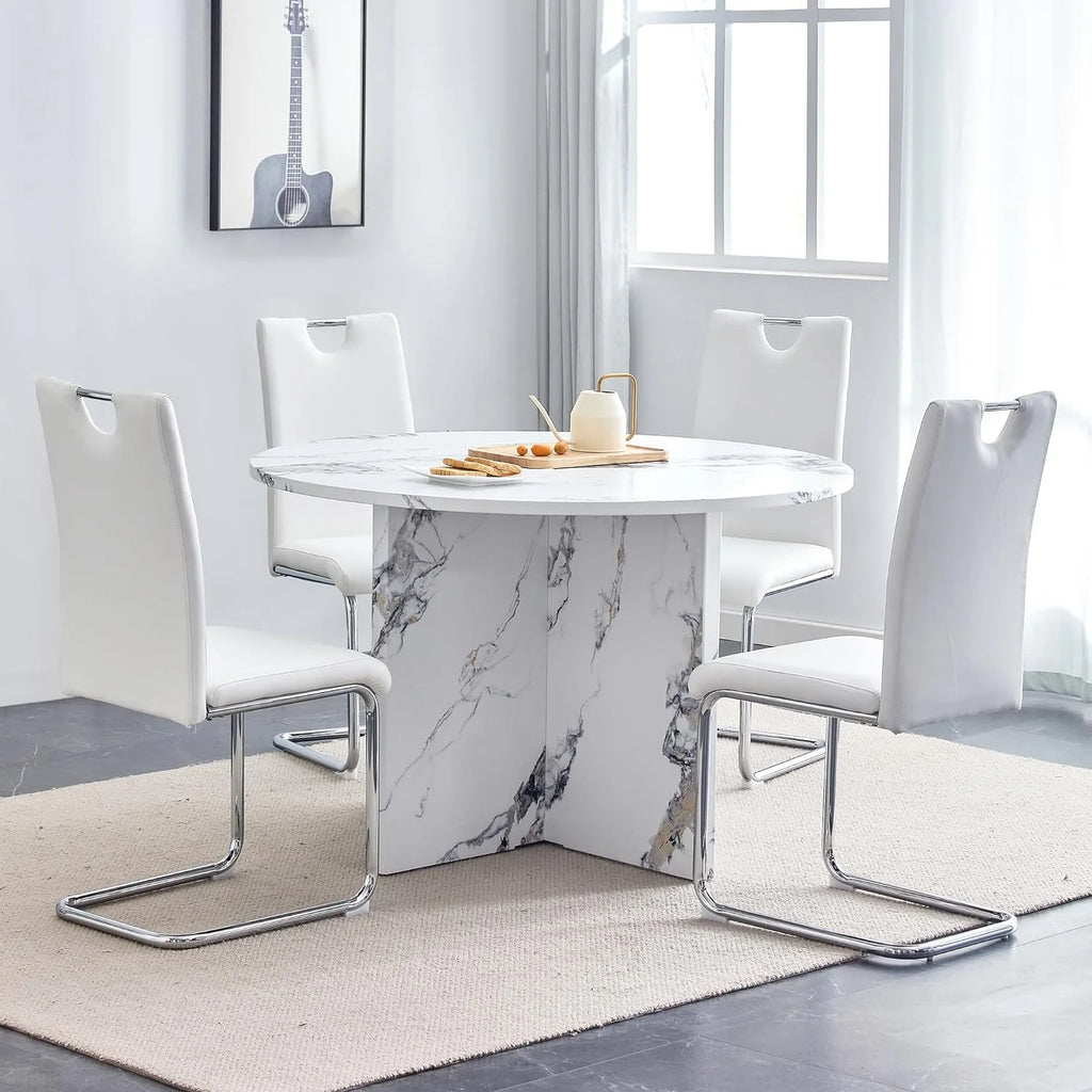 White 5 Piece Round Dining Table Set E85248
