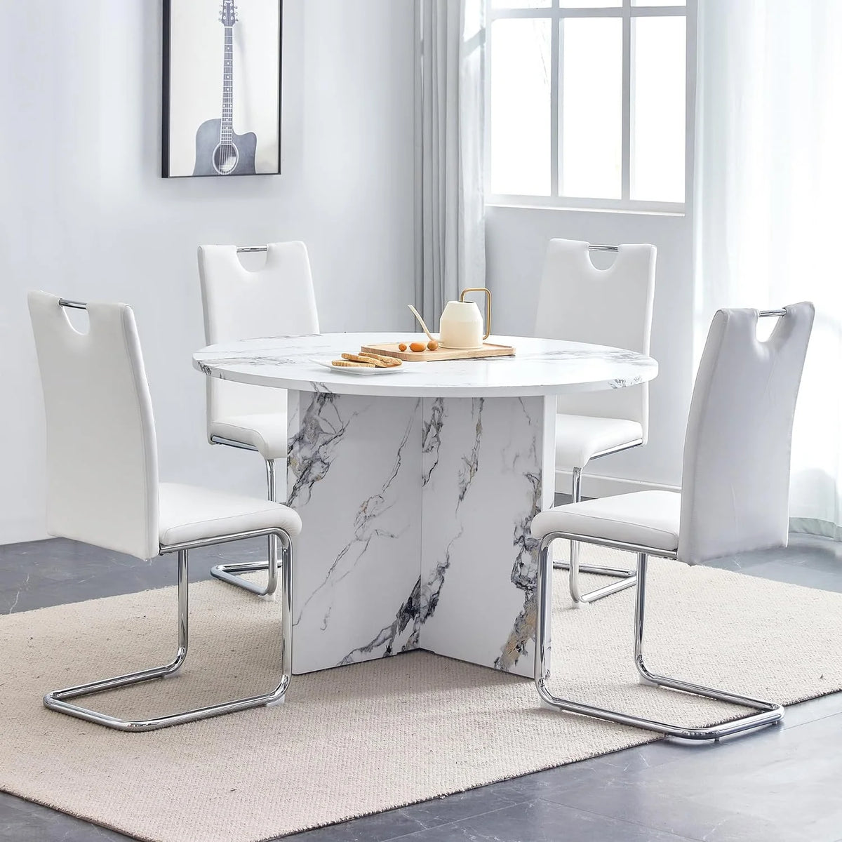 White 5 Piece Round Dining Table Set E85248