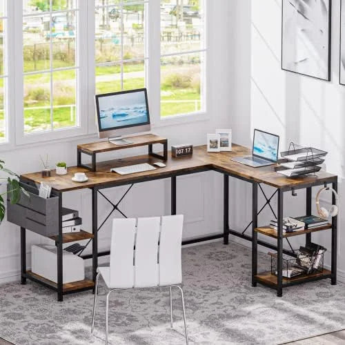 L Shaped Desk with Shelves Monitor Stand Bag Hooks Black E39837