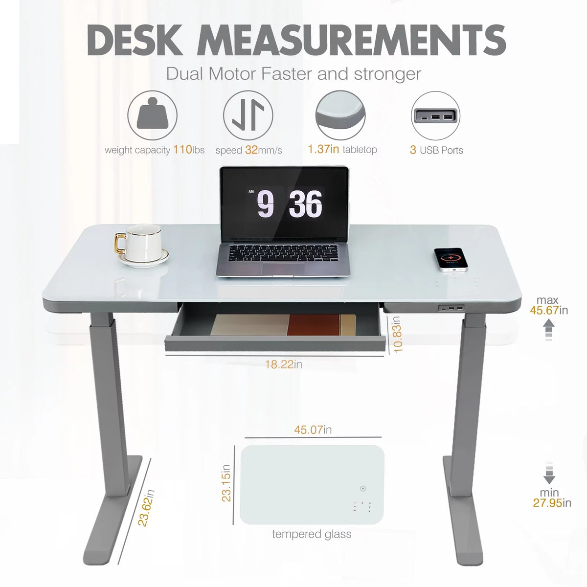 Gray Dual Motor Height Adjustable Desk with Drawer and Tempered Glass Top Z997483