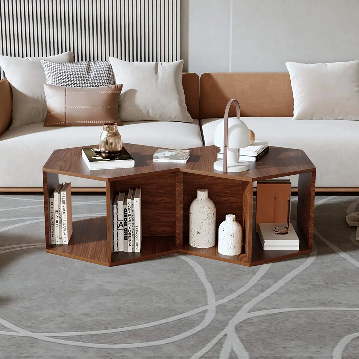 Hexagonal Walnut Finished Coffee Table N242
