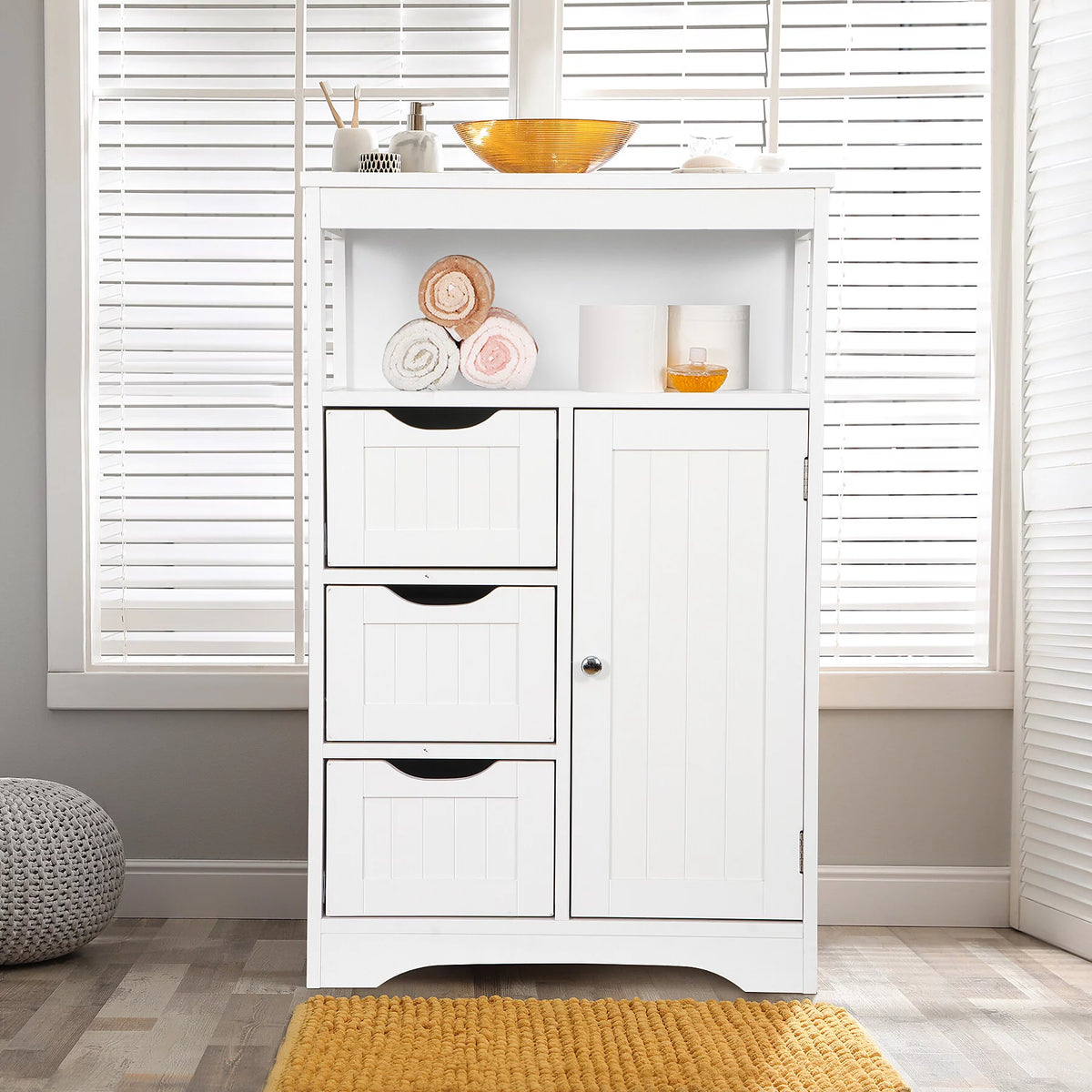 Bathroom Floor Cabinet MDF 1 Door 3 Drawers White J118