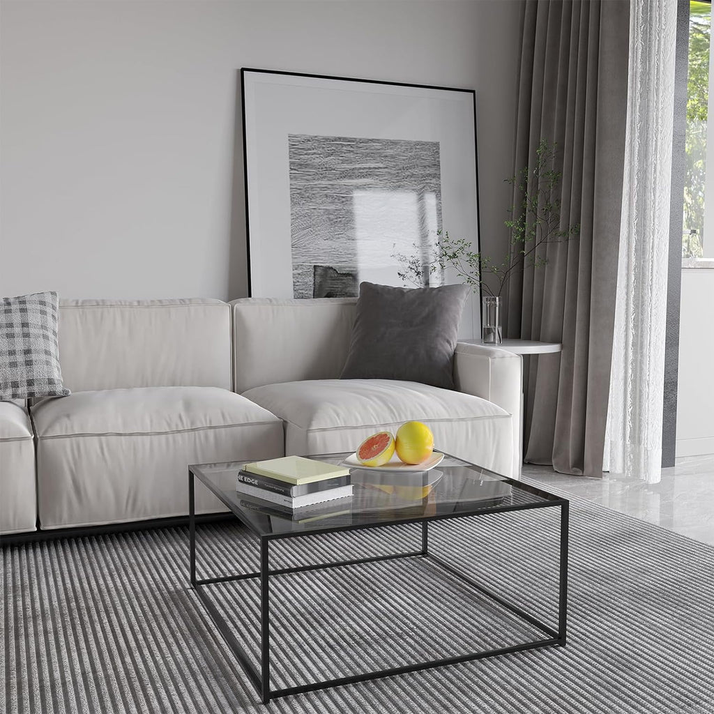 Square Glass Coffee Tables 26.7 x 26.7 x 15.7 Inches Gray Black E7737