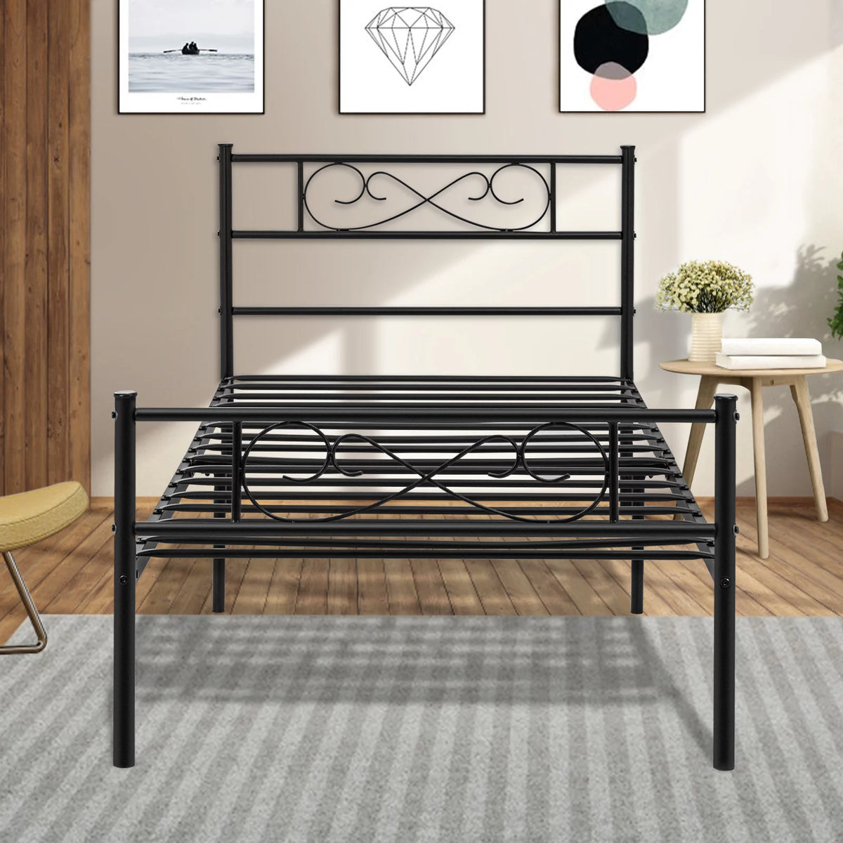 White 12 inch Twin Size Metal Platform Bed Frame with Headboard G7718