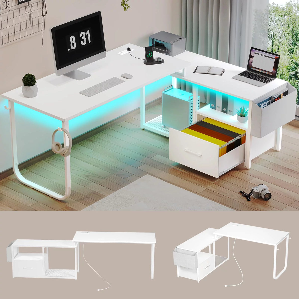 L Shaped Desk with LED Light and Power Outlet L15985