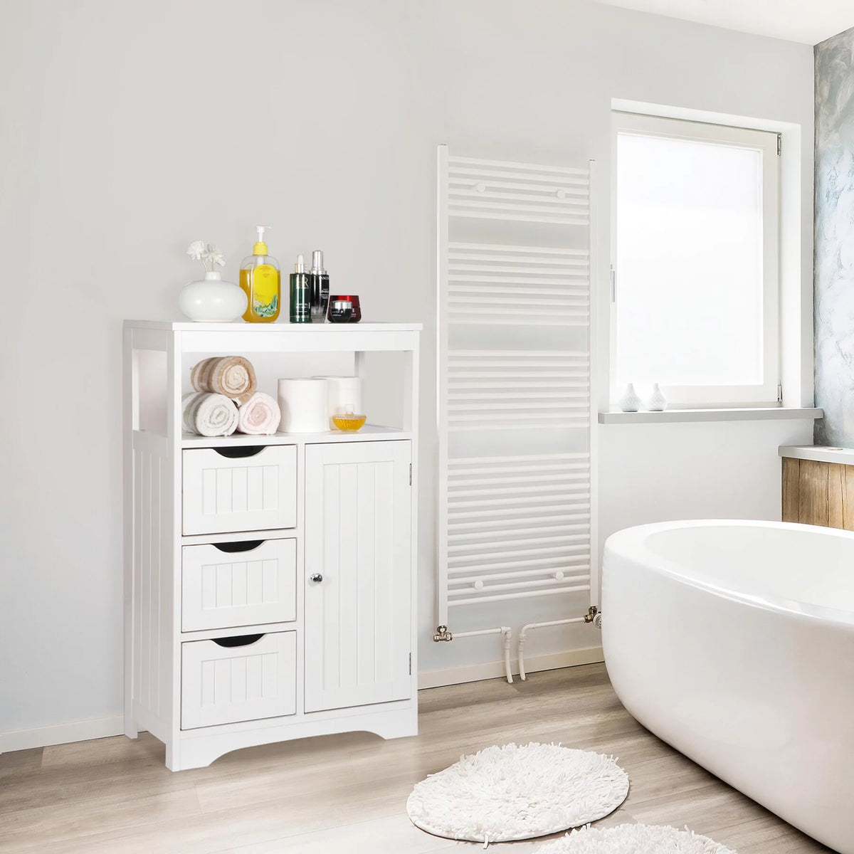 Bathroom Floor Cabinet MDF 1 Door 3 Drawers White J118