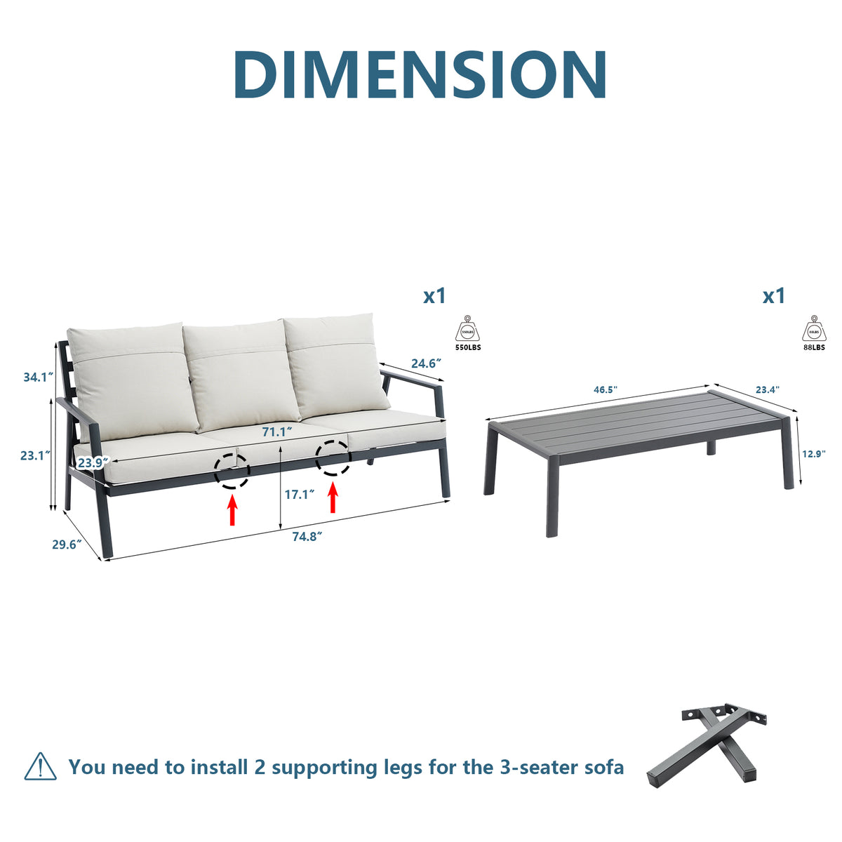 Outdoor Sectional Sofa Set 3 Seater Aluminum A834