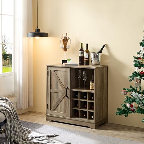 Gray Wash Farmhouse Coffee Bar Cabinet with Drawer and Sliding Barn Door M986682