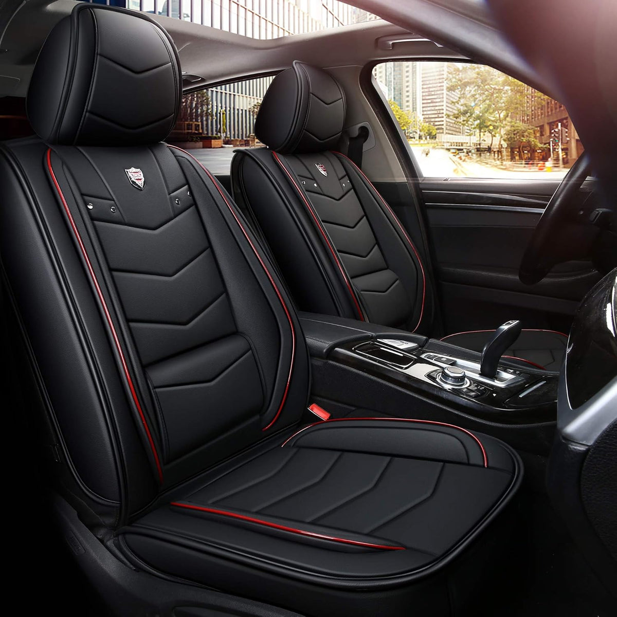 Black with White Trim Full Set Car Seat Cover I4217