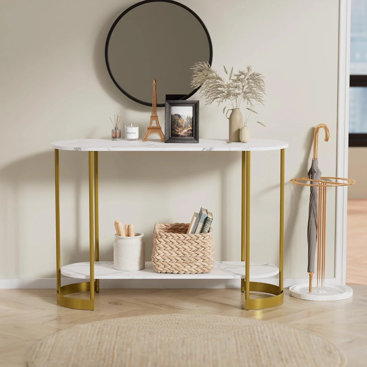 Gold 2-Tier Faux Marble Console Table Z6861