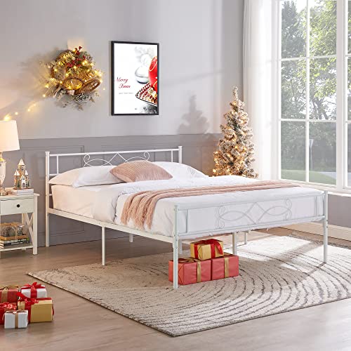 14" Full Size White Metal Platform Bed Frame with Headboard Y3159