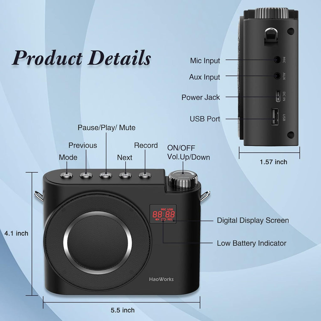 20W Wired Microphone Voice Amplifier with Speaker, Bluetooth Mini PA System, Pack of 2 C579674