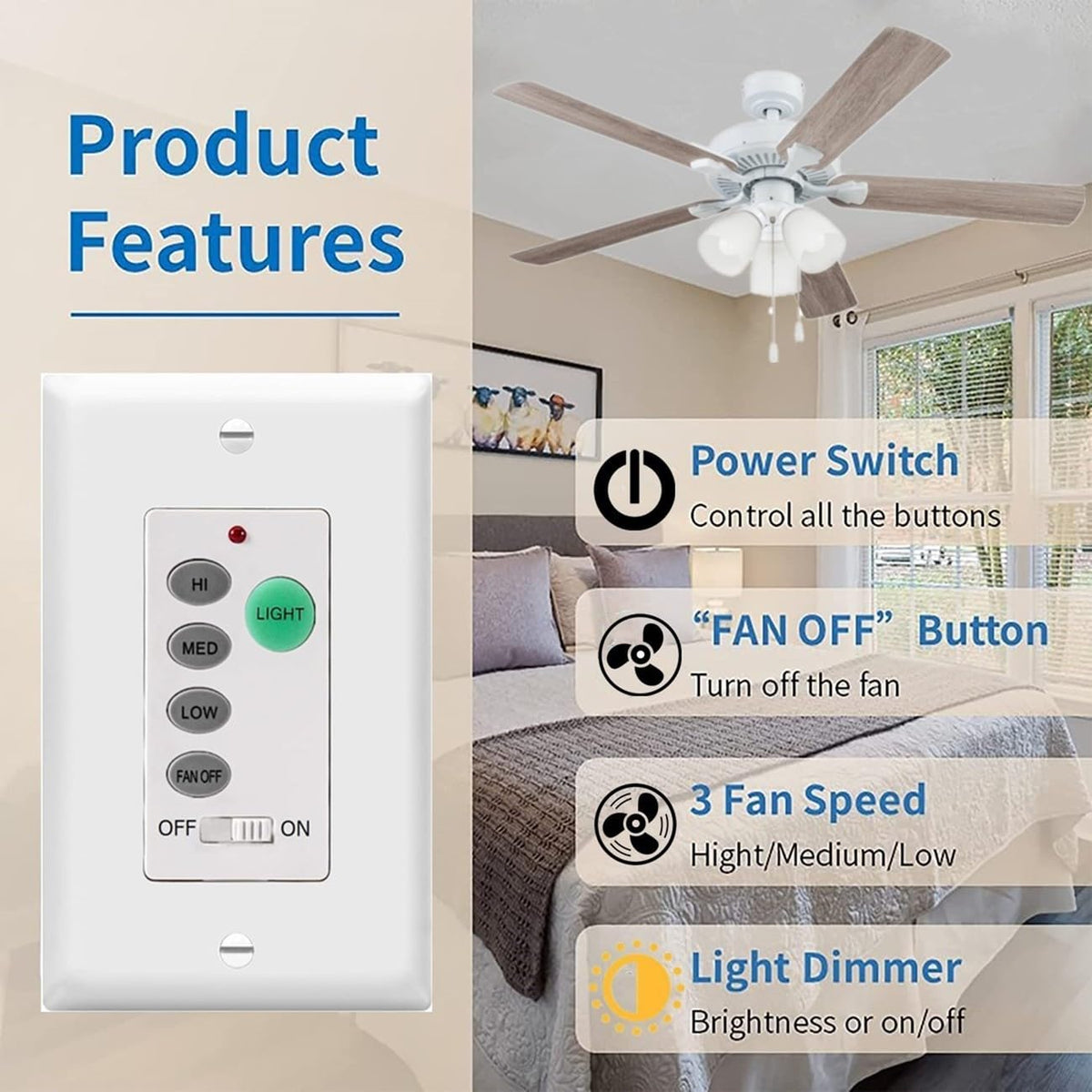 Ceiling Fan Wall Remote Control with Adjustable 3 Speed Light Dimmer R620