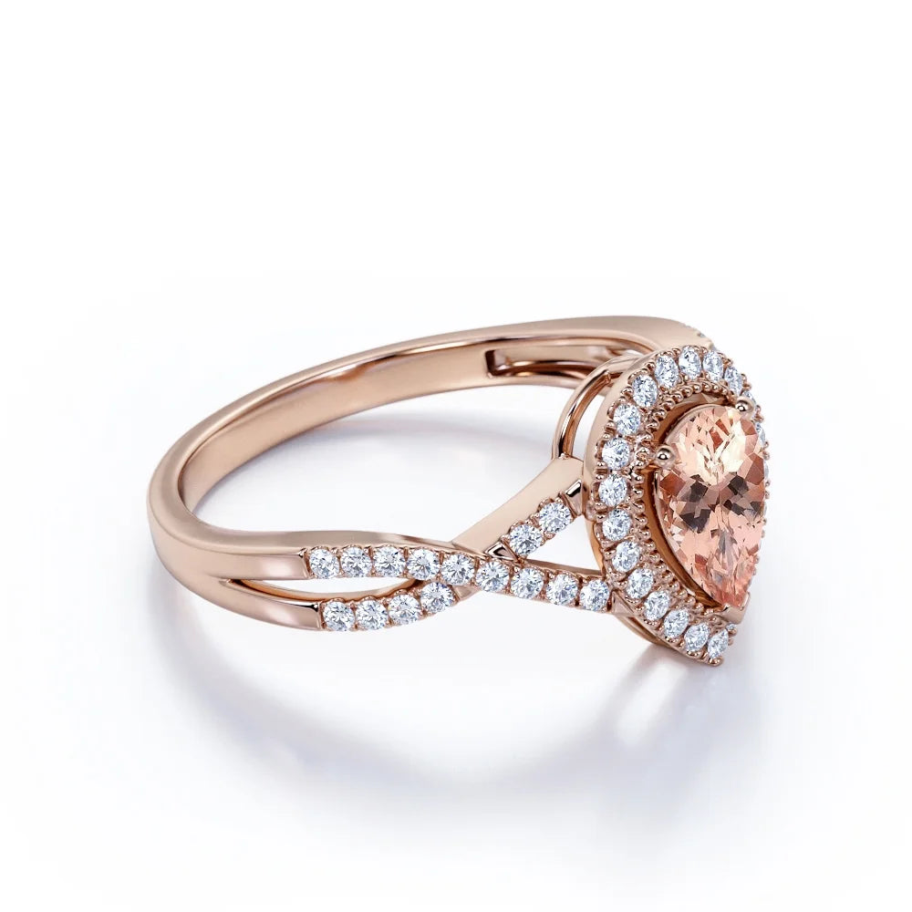 1.75 Carat Pear Cut Created Morganite and Moissanite Engagement Ring in 18k Gold Over Sterling Silver U8781