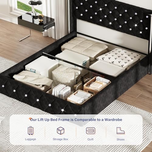 Black Velvet Full Size Lift Up Storage Bed Frame Y4338