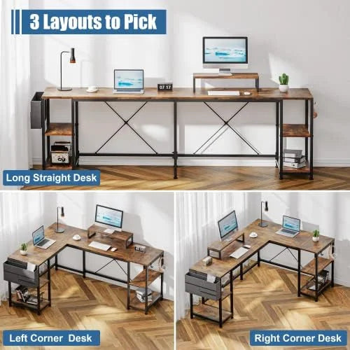 L Shaped Desk with Shelves Monitor Stand Bag Hooks Black E39837