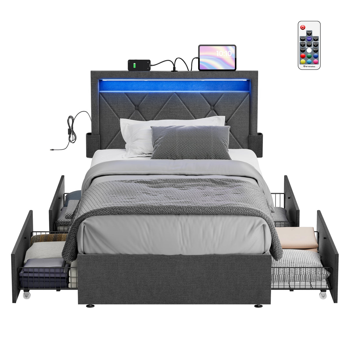 Twin Size LED Bed Frame with Headboard and 4 Drawers Dark Grey O83997