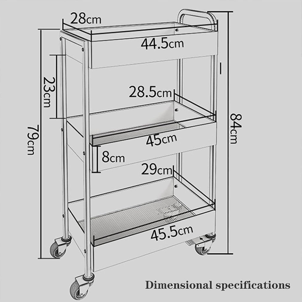 3-Tier White Metal Rolling Storage Cart with Wheels and Handle H725