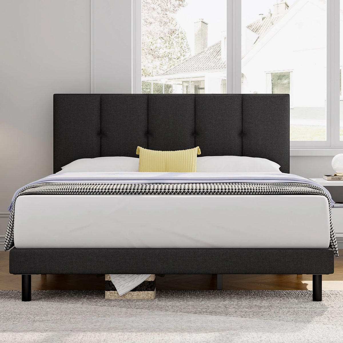 Full Size Bed Frame with Upholstered Headboard and Wooden Slats, Dark Grey N834