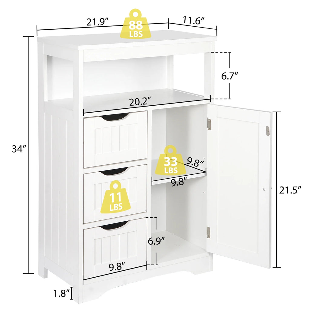 Bathroom Floor Cabinet MDF 1 Door 3 Drawers White J118