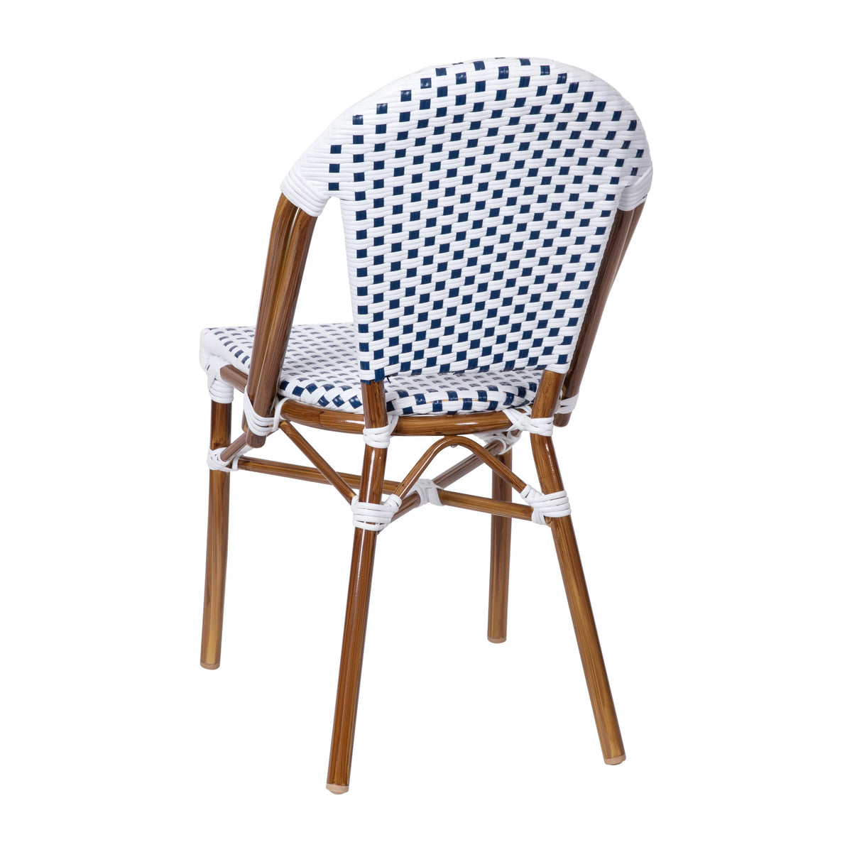 Set of Two Stacking Bistro Chairs with White and Navy Patterned Seats and Backs O3169