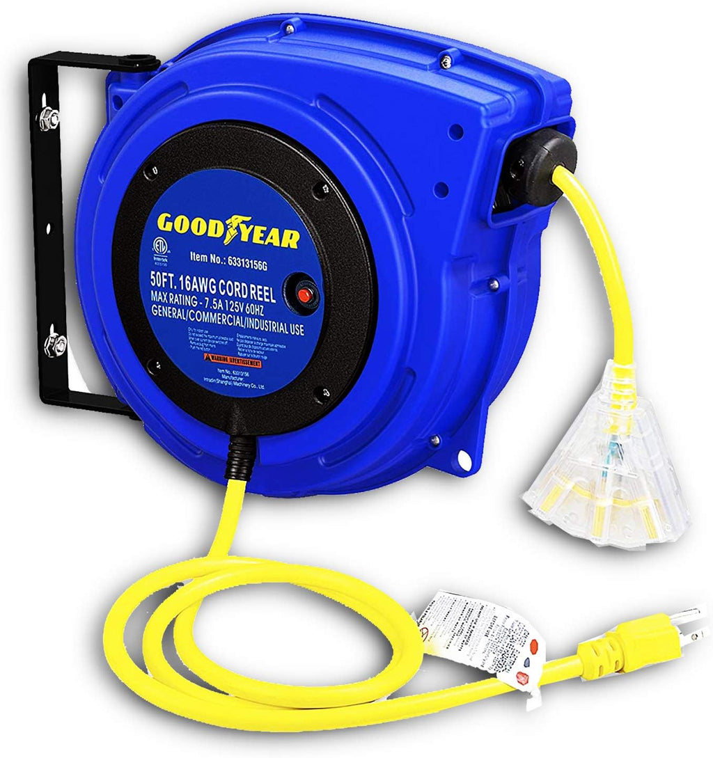Retractable Extension Cord Reel 16AWG x 50' 3C/SJTOW LED Triple Tap Connector Power 7.5A 125VAC 938W N6589