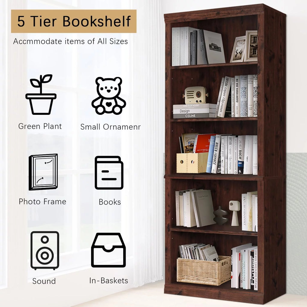 Wooden 5-Shelf Bookcase with Adjustable Shelves J6716