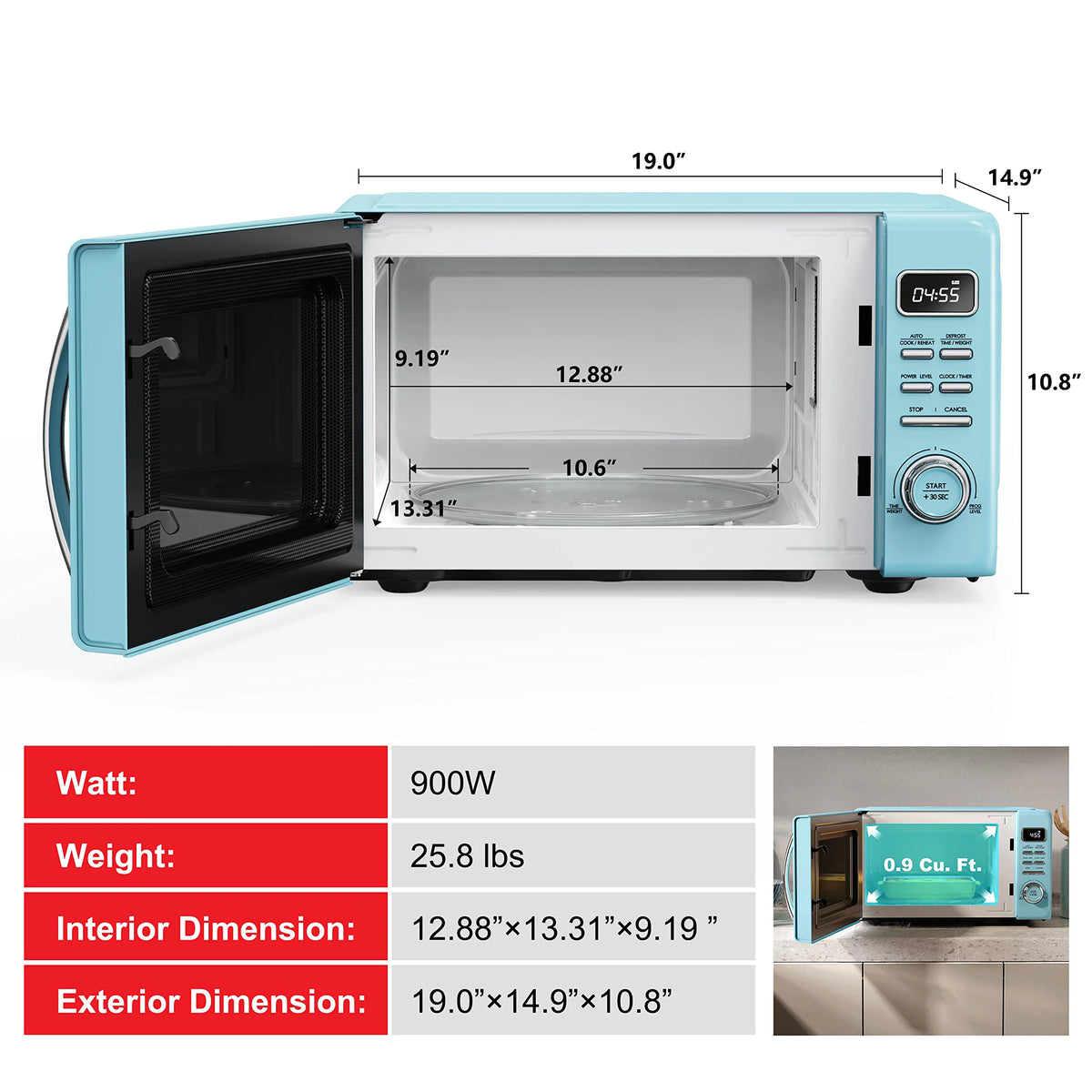 Blue 0.9 cu ft Retro Countertop Microwave Oven Y134359