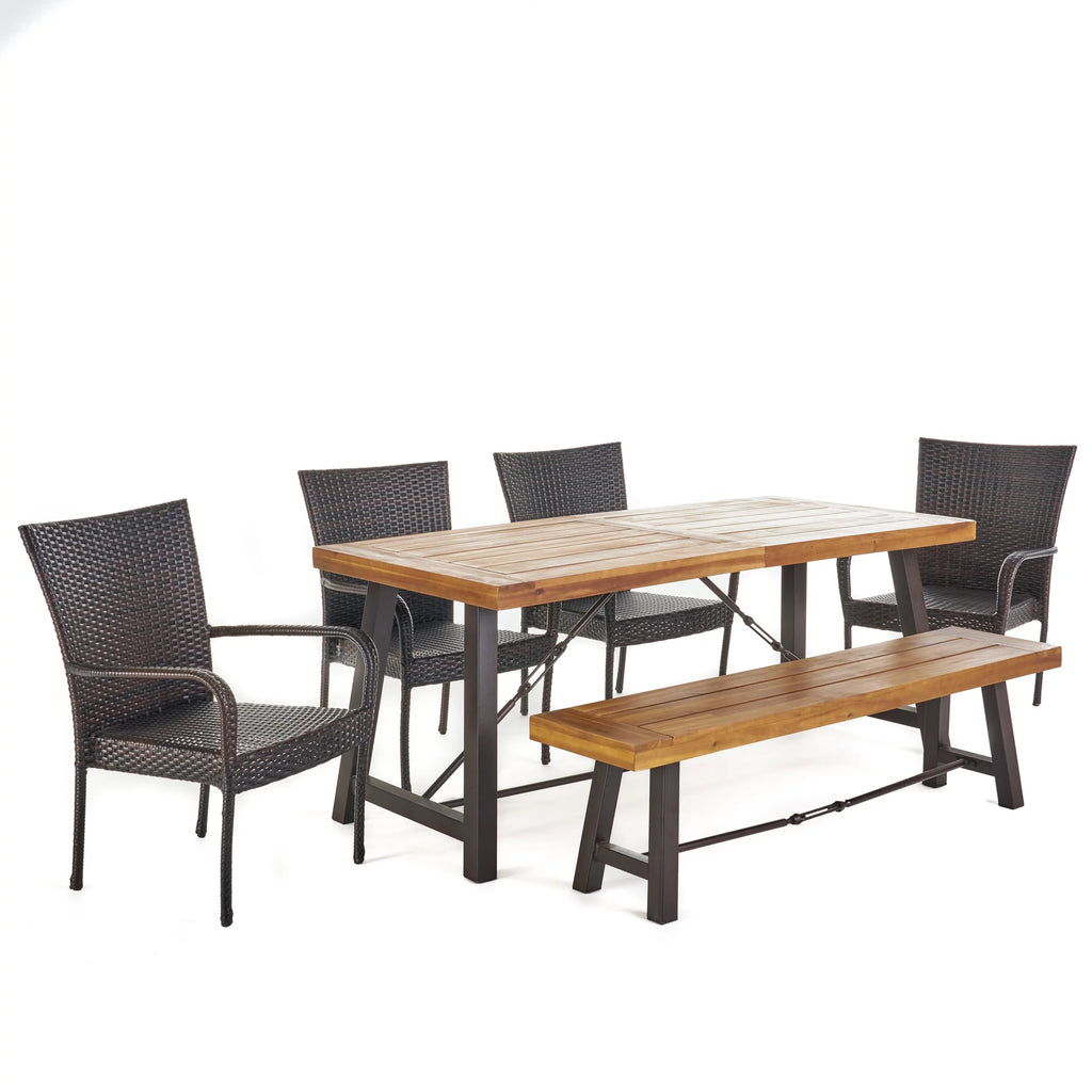 6-Piece Acacia Wood Dining Set with Wicker Stacking Chairs Y662