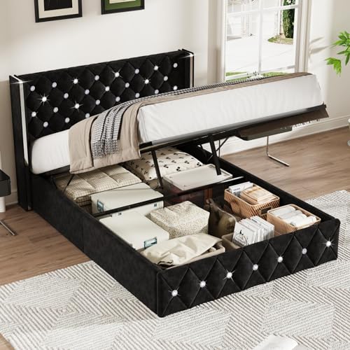 Black Velvet Full Size Lift Up Storage Bed Frame Y4338