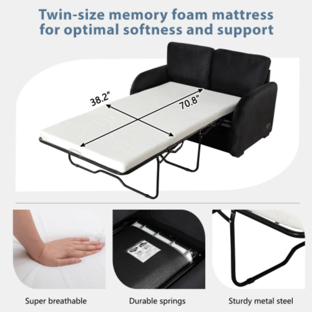 Black Pull Out Sofa Bed with USB Charging Port and Twin Size Mattress Pad X2436