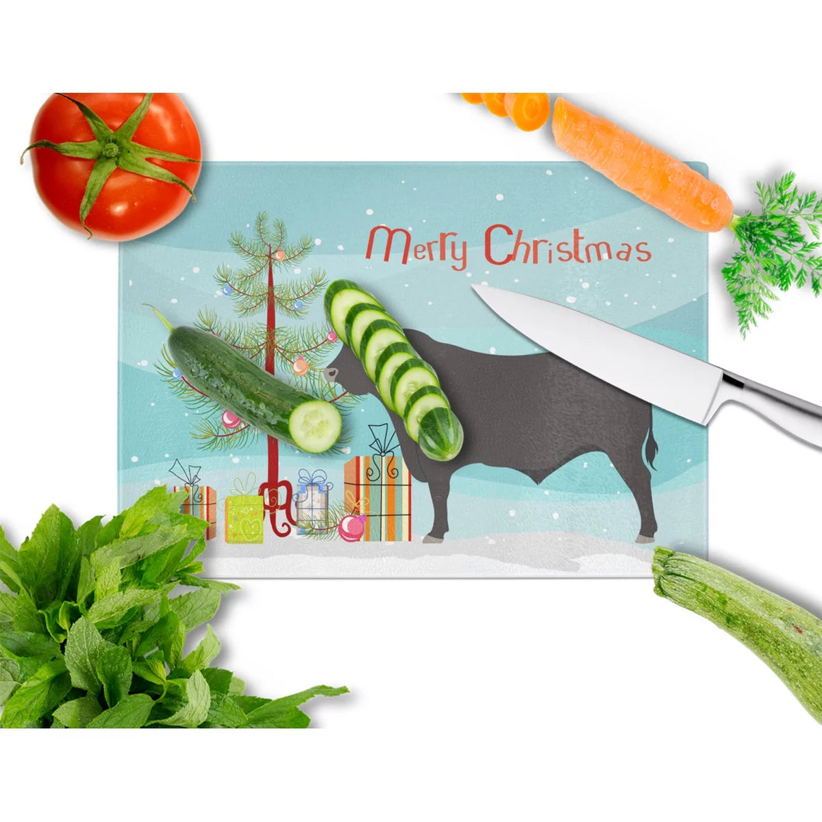 Black Angus Cow Christmas Glass Cutting Board E871