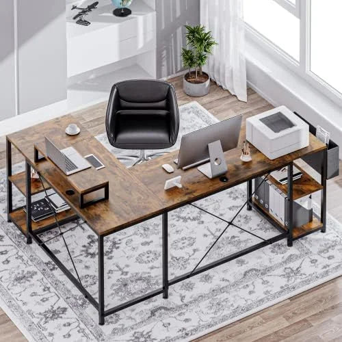 L Shaped Desk with Shelves Monitor Stand Bag Hooks Black E39837