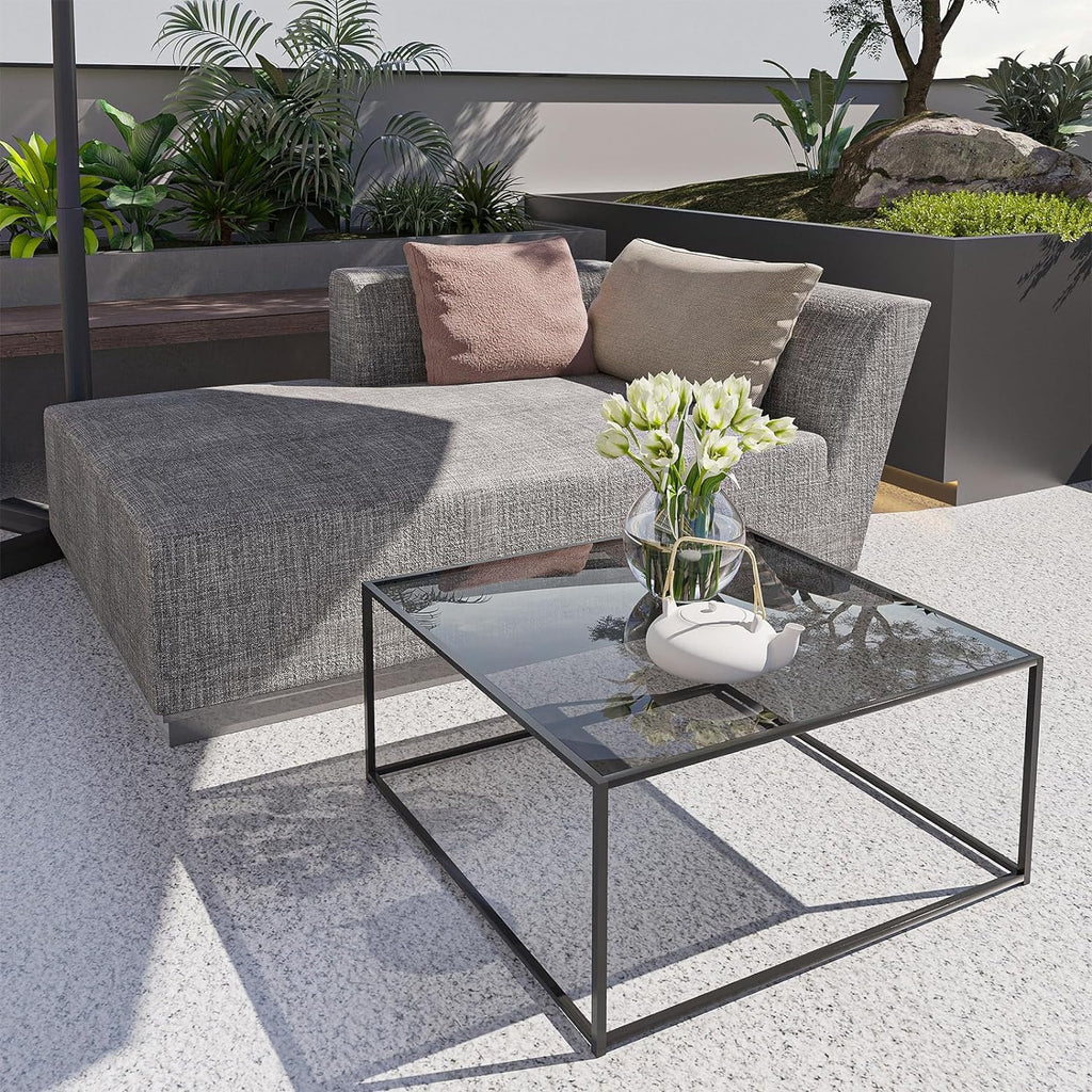 Square Glass Coffee Tables 26.7 x 26.7 x 15.7 Inches Gray Black E7737