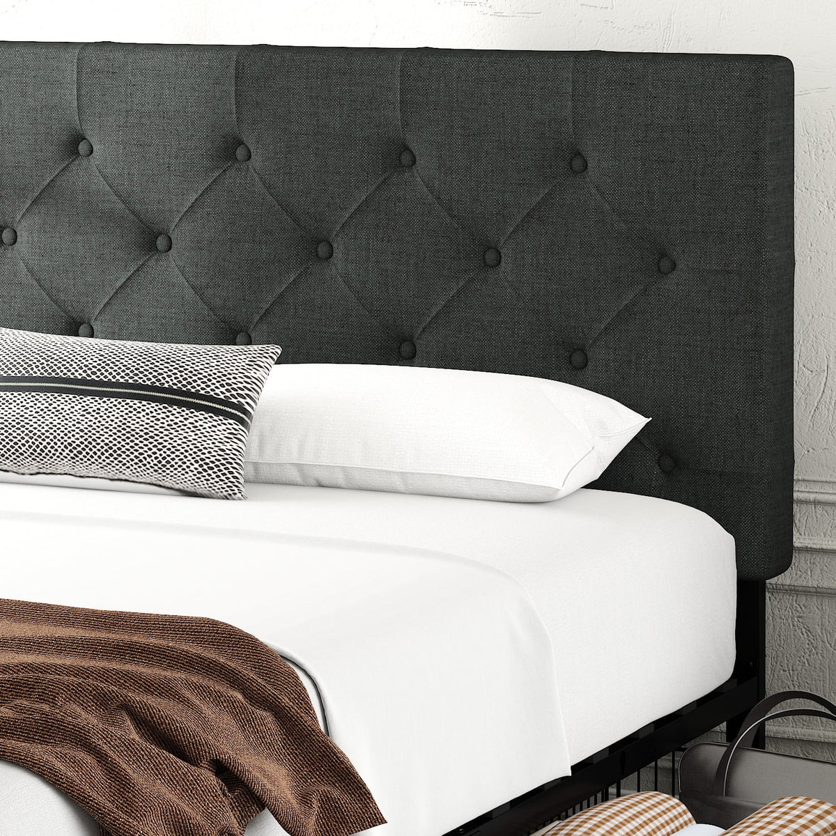 King Size Platform Bed Frame with Headboard and 4 Drawers, Dark Grey Z53394