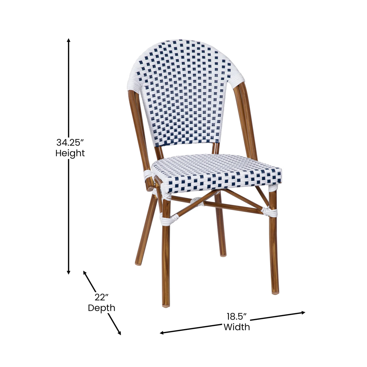 Set of Two Stacking Bistro Chairs with White and Navy Patterned Seats and Backs O3169