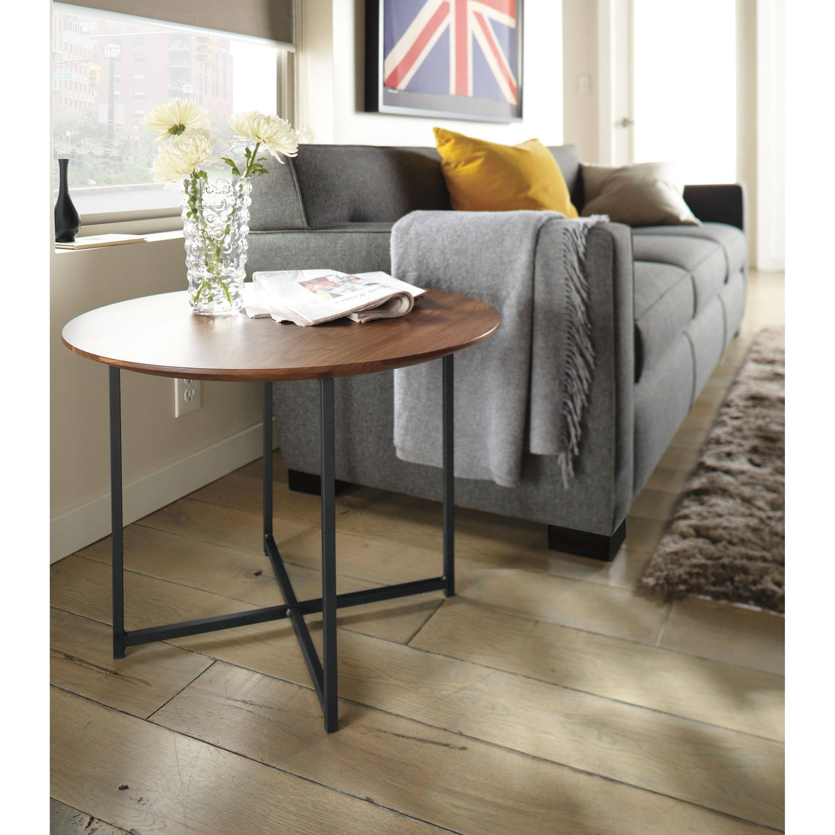 Round End Table 18 Diameter 22H Recycled Natural Steel Walnut Top Natural Steel Base N82988