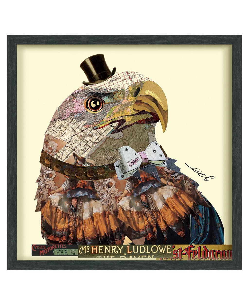 Hand Made Signed Art Collage Under Tempered Glass in Black Frame D8940