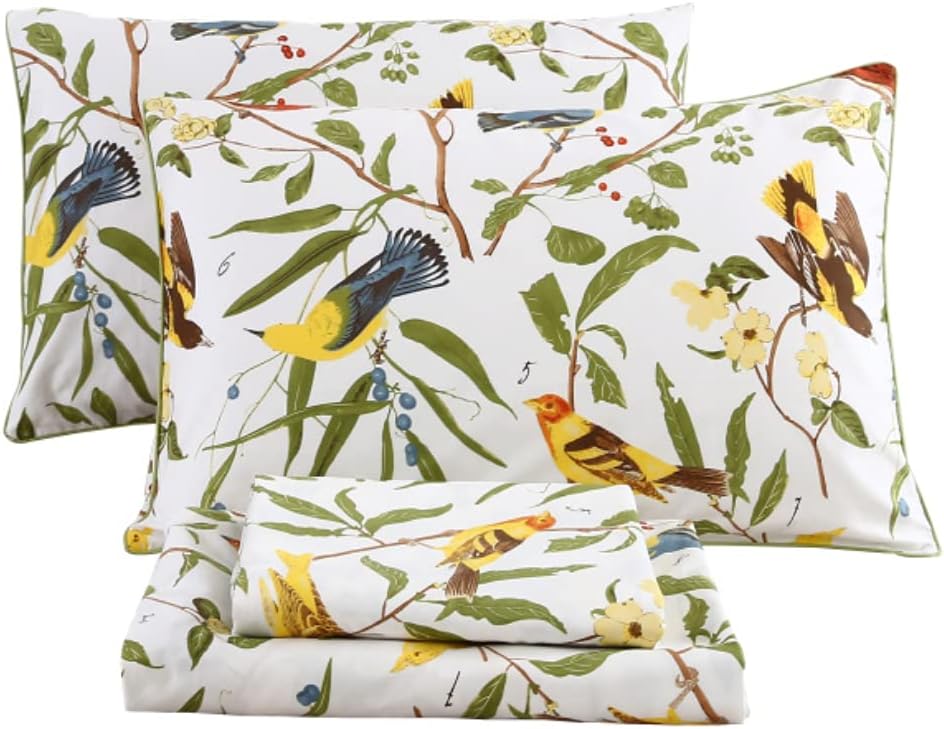Green Birds Percale Cotton Queen Bed Sheet Set 4 Pieces Deep Pocket 18 Inches K609