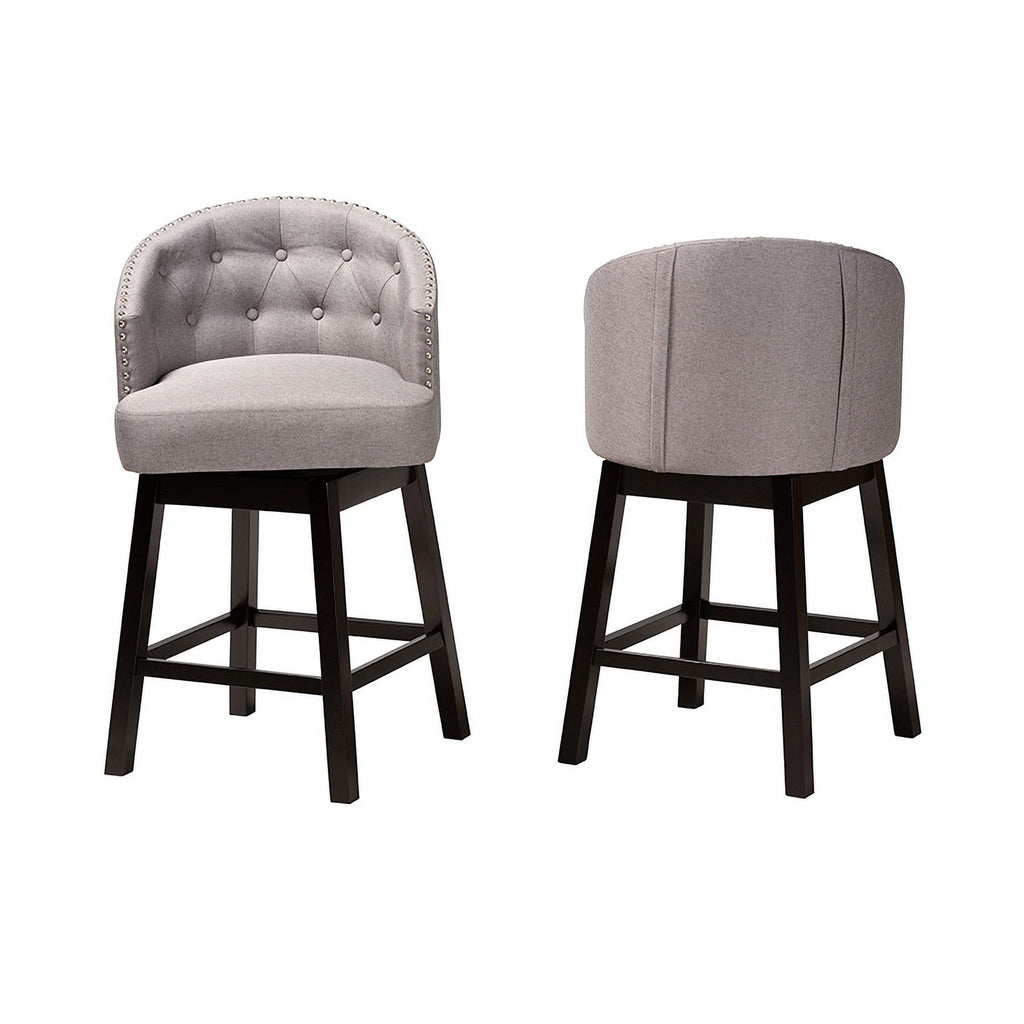 Grey Fabric and Espresso Brown Finished Wood 2-Piece Swivel Counter Stool O711