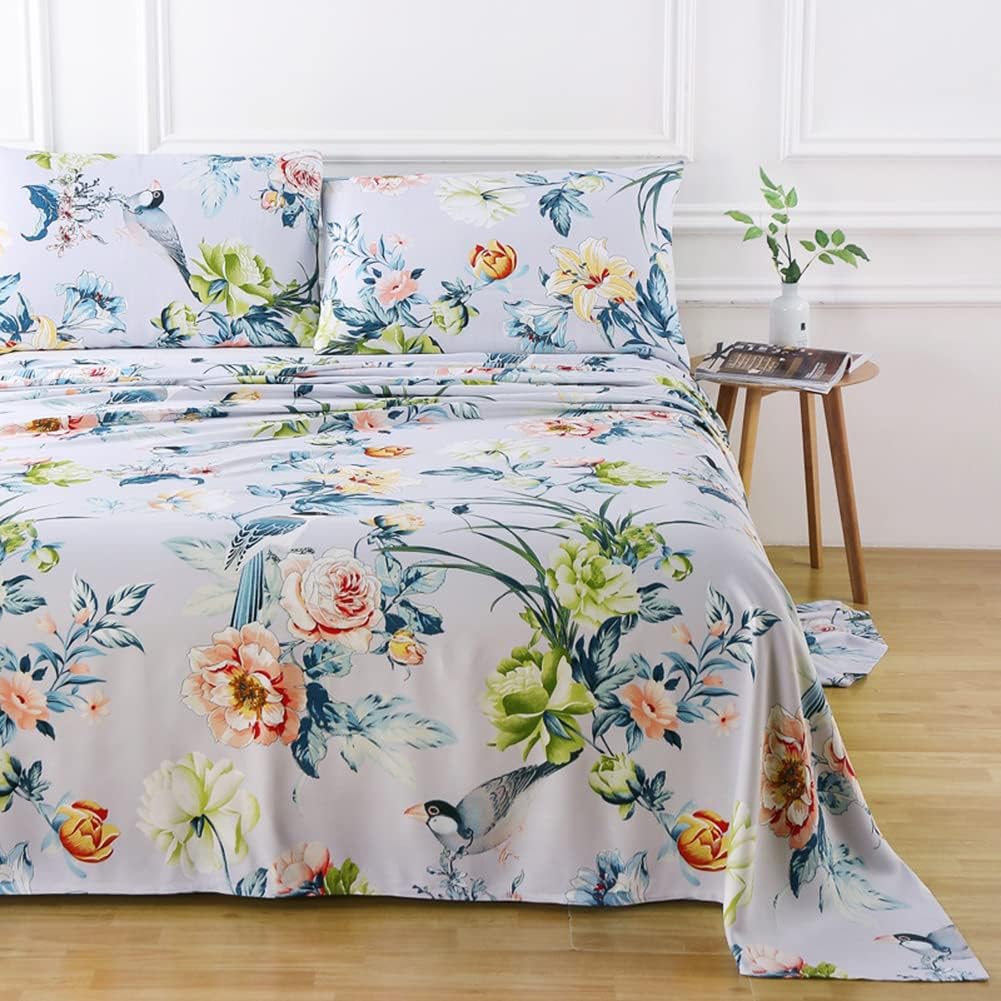 Green Birds Percale Cotton Queen Bed Sheet Set 4 Pieces Deep Pocket 18 Inches K609