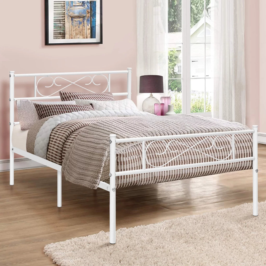 White 12 inch Twin Size Metal Platform Bed Frame with Headboard G7718