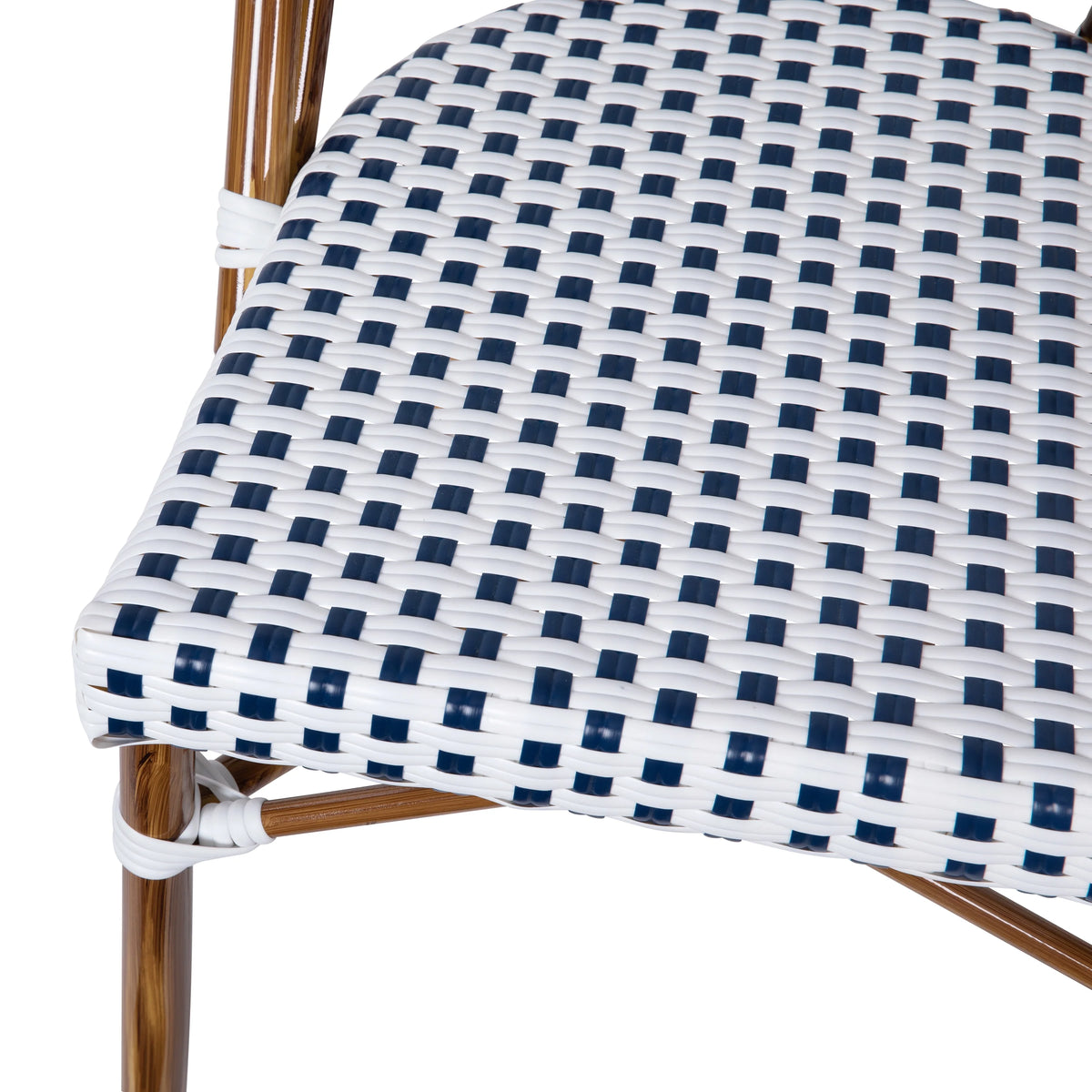 Set of Two Stacking Bistro Chairs with White and Navy Patterned Seats and Backs O3169