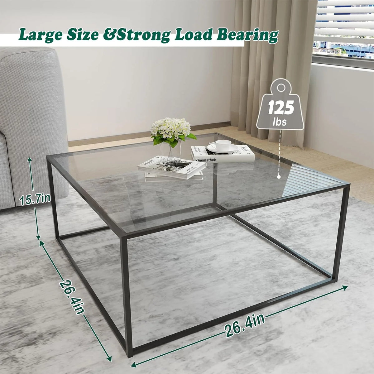 Square Glass Coffee Tables 26.7 x 26.7 x 15.7 Inches Gray Black E7737