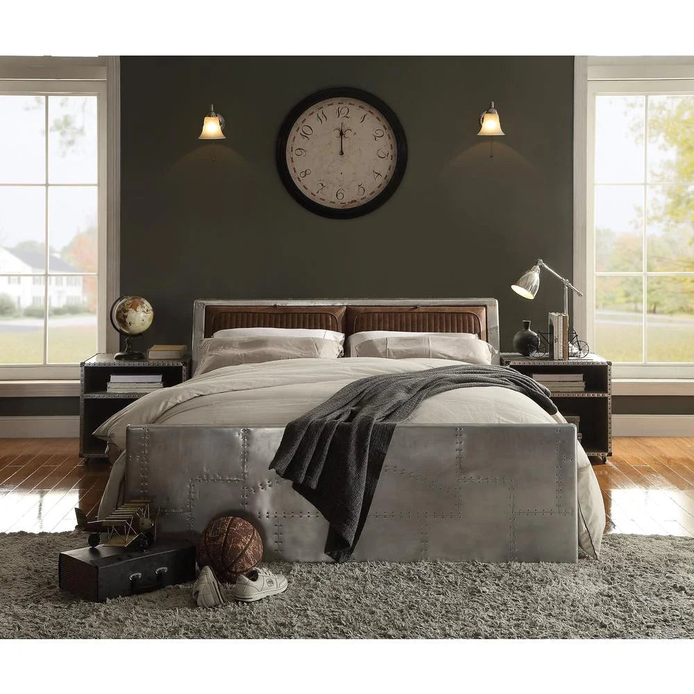 Queen Bed Retro Brown Top Grain Leather & Aluminum F77599