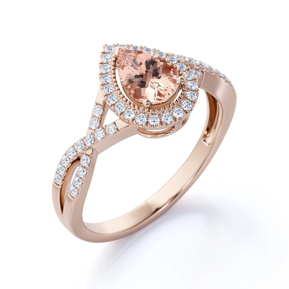 1.75 Carat Pear Cut Created Morganite and Moissanite Engagement Ring in 18k Gold Over Sterling Silver U8781