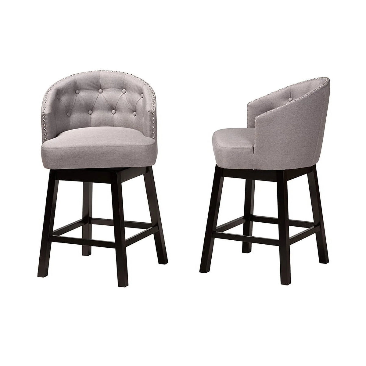 Grey Fabric and Espresso Brown Finished Wood 2-Piece Swivel Counter Stool O711