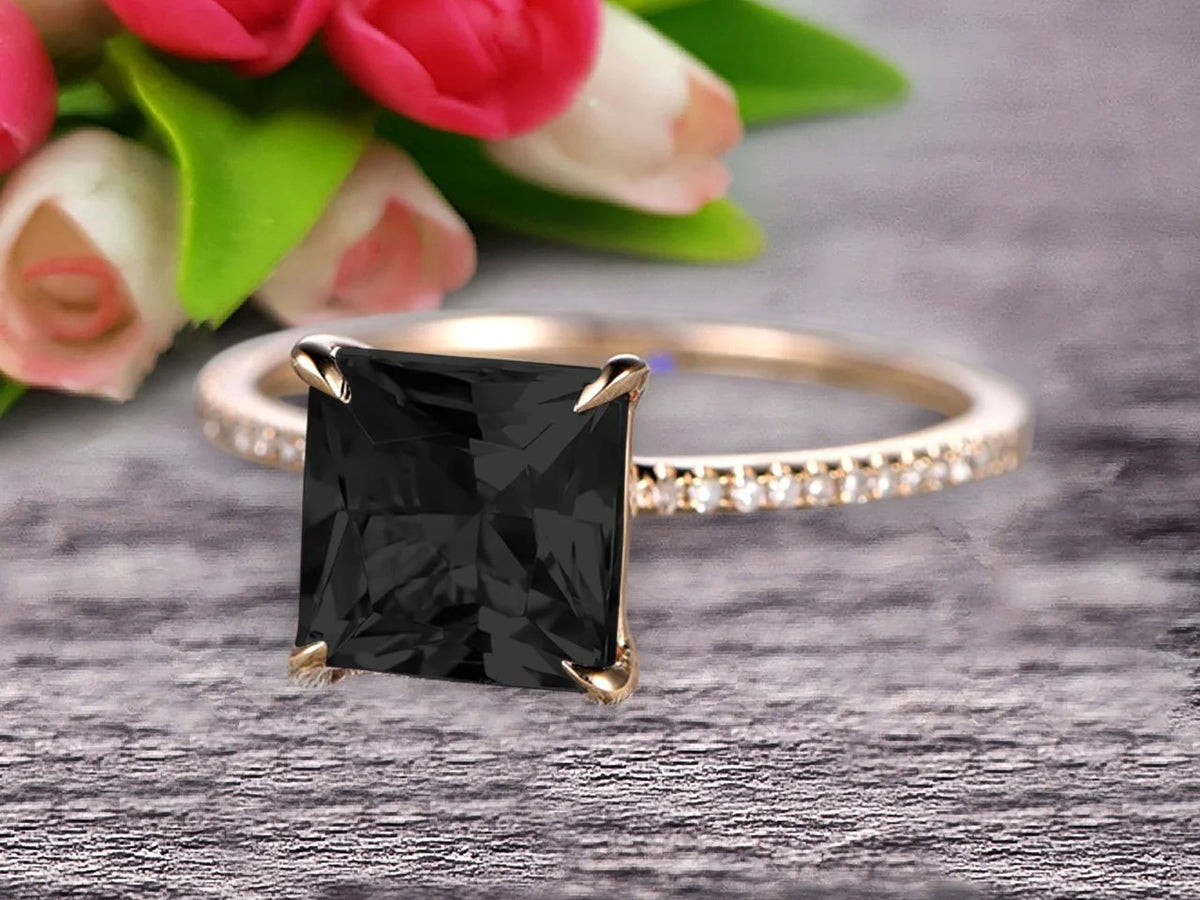 1.75 Carat Princess Cut Black Diamond Moissanite Engagement Ring 10k Yellow Gold B624895