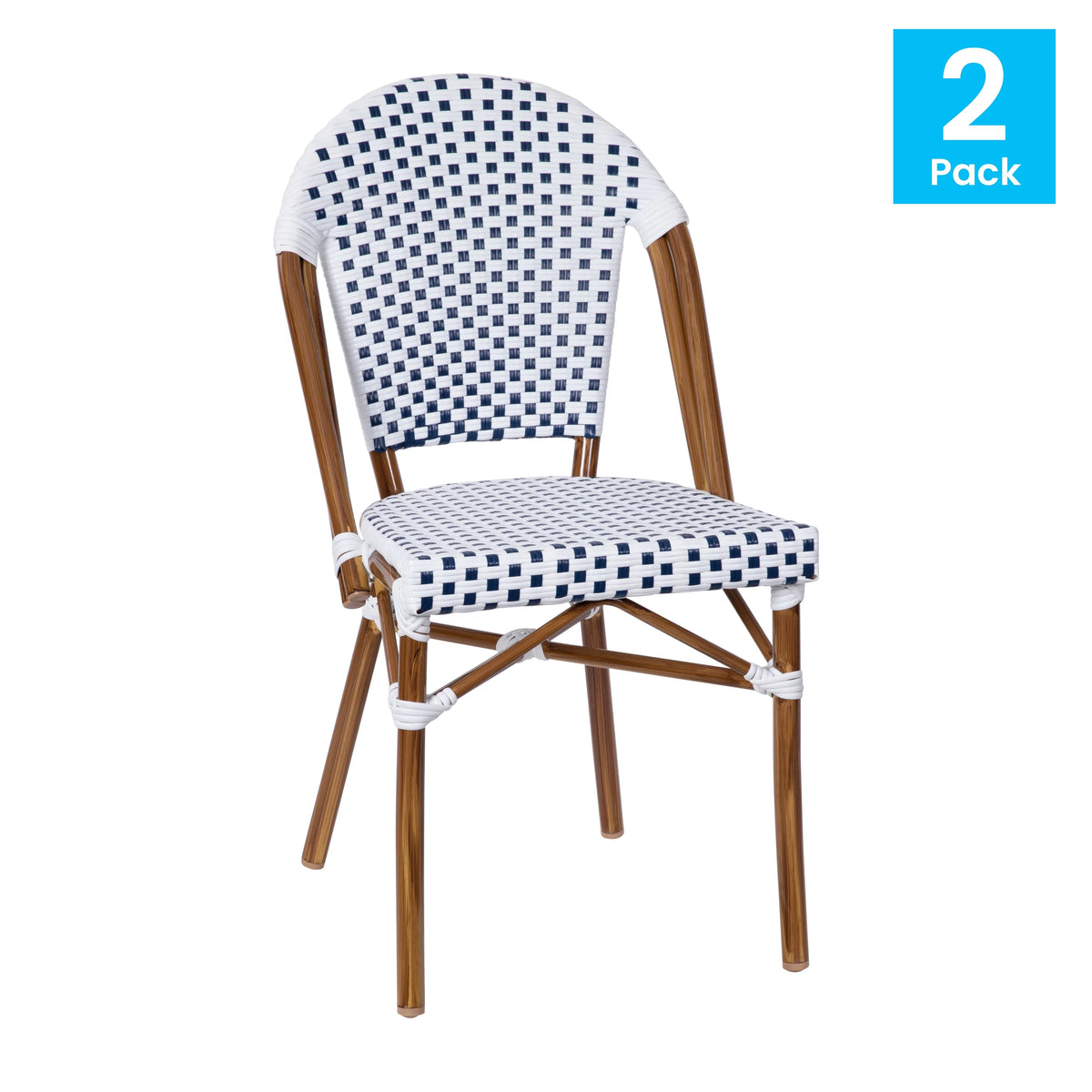 Set of Two Stacking Bistro Chairs with White and Navy Patterned Seats and Backs O3169